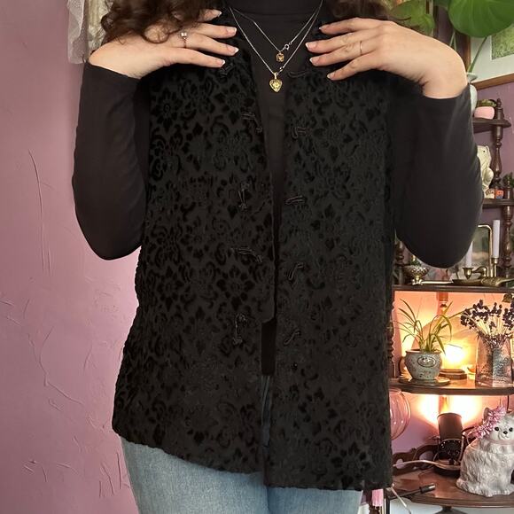 GAP Tops - Vintage 90s Gap Black Velvet Burnout Vest Mandarin Collar Boho Whimsygoth
